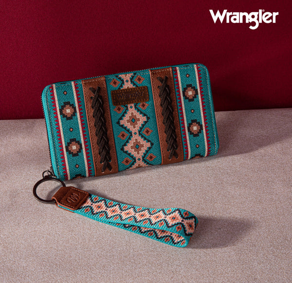 2024 New Wrangler Aztec Southwestern Pattern Canvas Wallet With Wristlet Strap-Turquoise