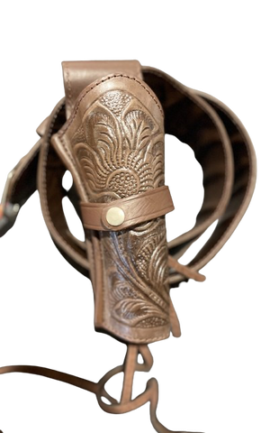 38/357 Caliber Vintage Brown Western Cowboy Hollywood Style Hand Tooled Gun Holster and Belt