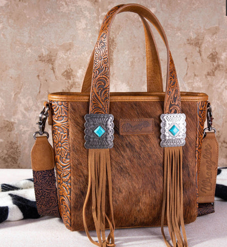 WG66-2001 Wrangler Hair-On Cowhide Vintage Floral Concealed Carry Tote/Crossbody - Brown