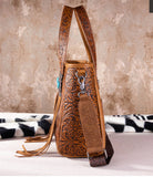 WG66-2001 Wrangler Hair-On Cowhide Vintage Floral Concealed Carry Tote/Crossbody - Brown