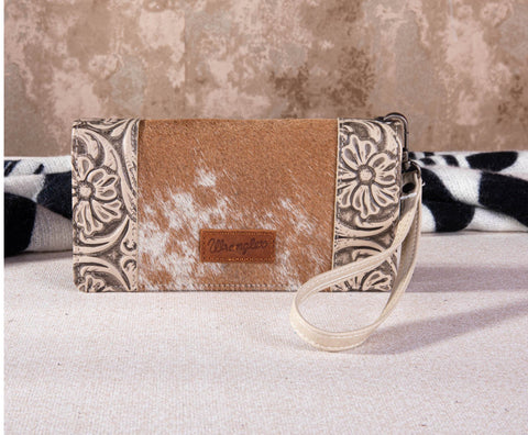 WG66-W039 Wrangler Hair-On Cowhide Vintage Floral Tooled Wallet - Beige