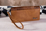 WG66-W039 Wrangler Hair-On Cowhide Vintage Floral Tooled Wallet - Brown