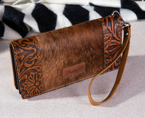 WG66-W039 Wrangler Hair-On Cowhide Vintage Floral Tooled Wallet - Brown