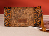 WG66-W039 Wrangler Hair-On Cowhide Vintage Floral Tooled Wallet - Brown