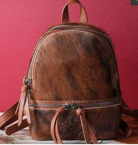 TR160-9110 Trinity Ranch Hair-On Cowhide Collection Mini Backpack-Brown
