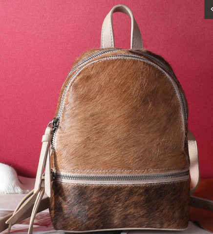 TR160-9110 Trinity Ranch Hair-On Cowhide Collection Mini Backpack-Tan