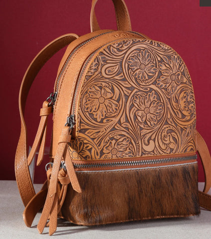 TR160-9110A Trinity Ranch Hair-On Cowhide Collection Mini Backpack-Brown