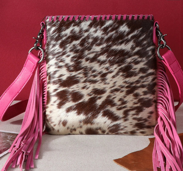 TR162G-2001 Trinity Ranch Hair-On Cowhide Fringe Concealed Carry Crossbody Bag - Hot Pink
