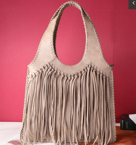 TR161G-918 Trinity Ranch Hand-Tie fringe Concealed Carry Hobo Shoulder Bag-Khaki