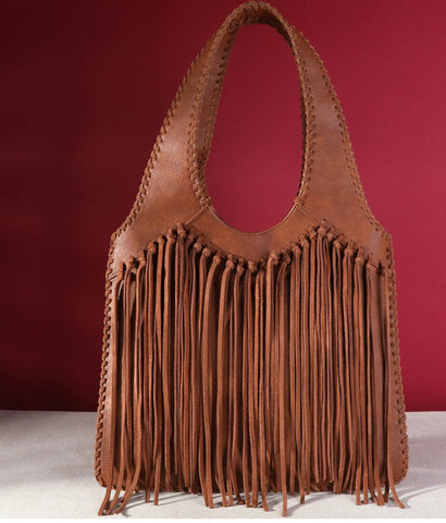 TR161G-918 Trinity Ranch Hand-Tie fringe Concealed Carry Hobo Shoulder Bag-Brown