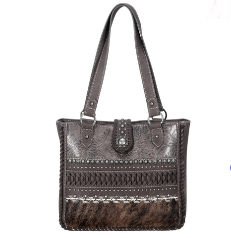 TR136G-8260 Trinity Ranch Hair On Cowhide Collection Concealed Carry Tote-Coffee