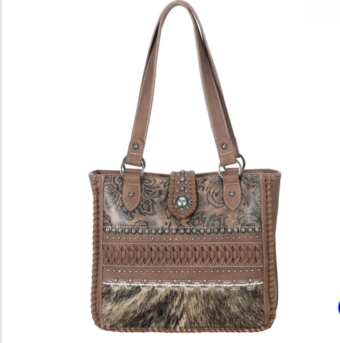 TR136G-8260 Trinity Ranch Hair On Cowhide Collection Concealed Carry Tote-Brown