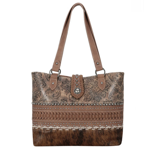 TR136G-8317 Trinity Ranch Hair On Cowhide Collection Concealed Carry Tote-Brown
