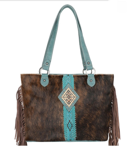 TR146G-8317 Trinity Ranch Hair On Cowhide Concealed Carry Tote-Turquoise