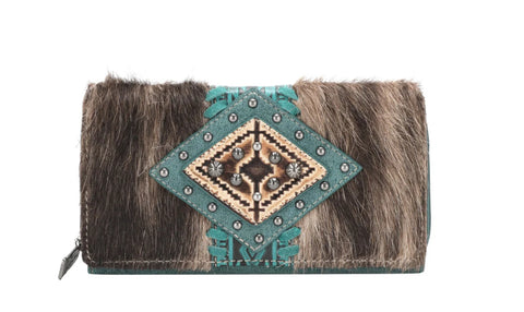 TR146-W010 Trinity Ranch Hair-On Cowhide Wallet-Turquoise