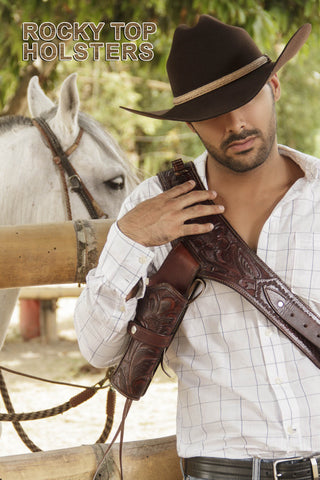 22 Caliber Handmade Brown Western/Cowboy Hollywood Style Hand Tooled Gun Holster and Belt