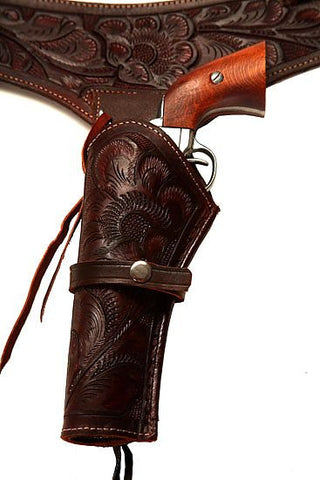 38/357 Caliber Handmade Brown Left Hand Draw Western/Cowboy Hollywood Style Hand Tooled Gun Holster and Belt