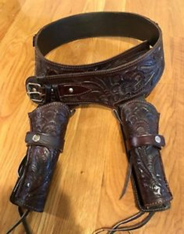 38/357 Caliber Handmade Brown Double Western/Cowboy Hollywood Style Hand Tooled Gun Holster and Belt